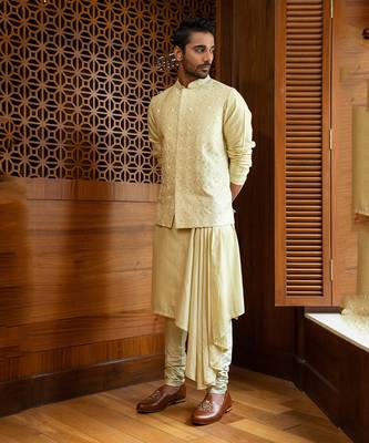 Pale Green Hand Embroidered Bandi With Draped Kurta Set 1