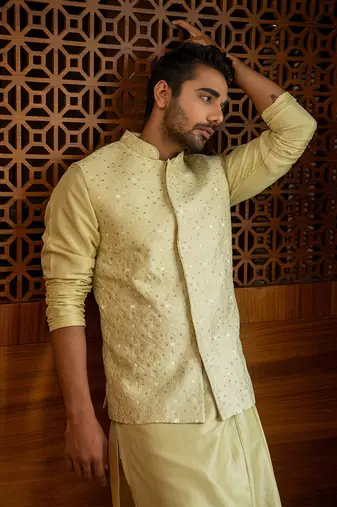 Pale Green Hand Embroidered Bandi With Draped Kurta Set