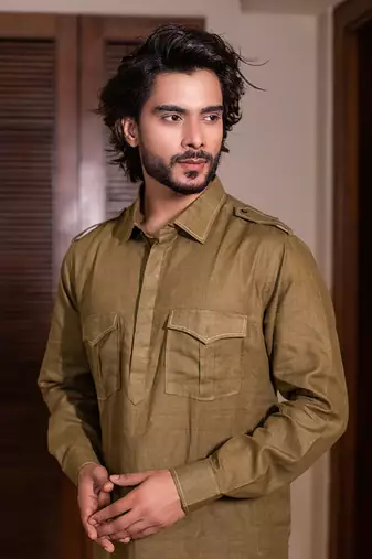 Olive Pathan Kurta With Salwar