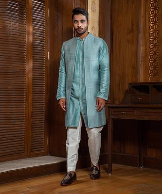Blue Long Jacket With Kurta Set 1