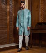 Blue Long Jacket With Kurta Set