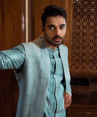 Blue Long Jacket With Kurta Set 2