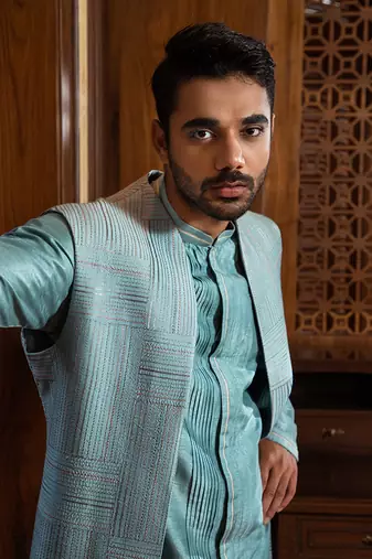 Blue Long Jacket With Kurta Set