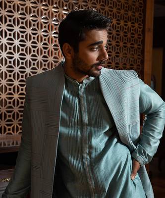 Blue Long Jacket With Kurta Set 3