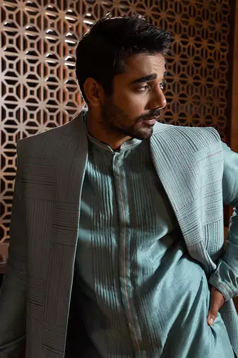 Blue Long Jacket With Kurta Set