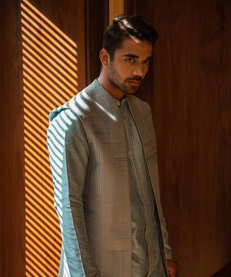 Blue Long Jacket With Kurta Set 4
