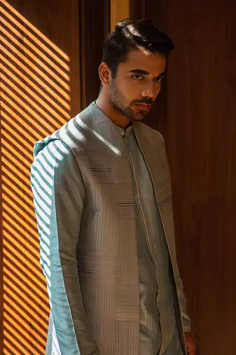 Blue Long Jacket With Kurta Set