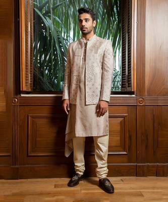 Embroidered Bandhgala With Drape Kurta Set 1