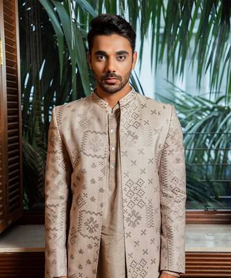 Embroidered Bandhgala With Drape Kurta Set 2