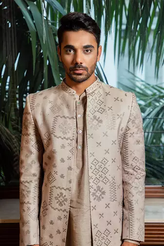 Embroidered Bandhgala With Drape Kurta Set