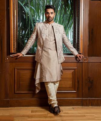 Embroidered Bandhgala With Drape Kurta Set 3