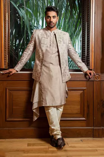 Embroidered Bandhgala With Drape Kurta Set