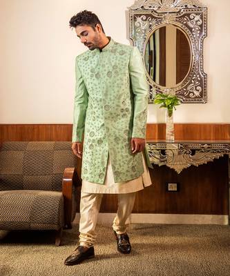 Green Hand Embroidered Sherwani With Kurta Set 1