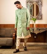 Green Hand Embroidered Sherwani With Kurta Set