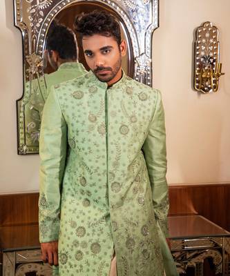 Green Hand Embroidered Sherwani With Kurta Set 2