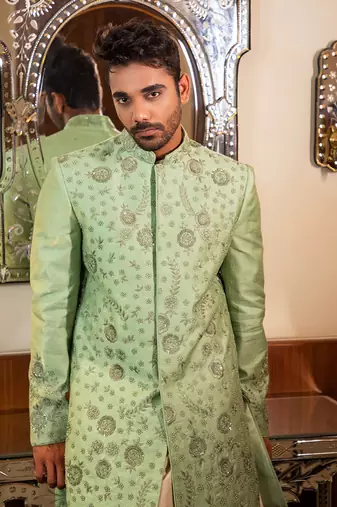 Green Hand Embroidered Sherwani With Kurta Set