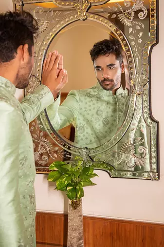 Green Hand Embroidered Sherwani With Kurta Set