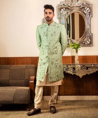 Green Hand Embroidered Sherwani With Kurta Set 4