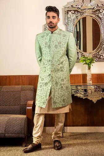 Green Hand Embroidered Sherwani With Kurta Set