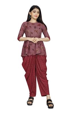 Maroon printed silk girls-top-bottom 1