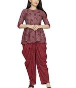 Maroon printed silk girls-top-bottom