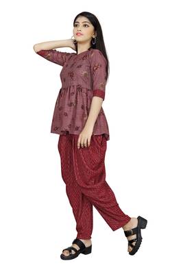 Maroon printed silk girls-top-bottom 2