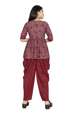 Maroon printed silk girls-top-bottom 3