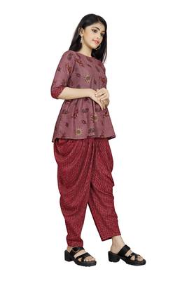 Maroon printed silk girls-top-bottom 4