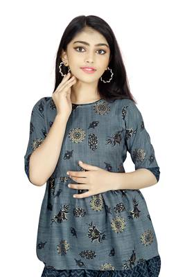 Grey printed silk girls-top-bottom 5