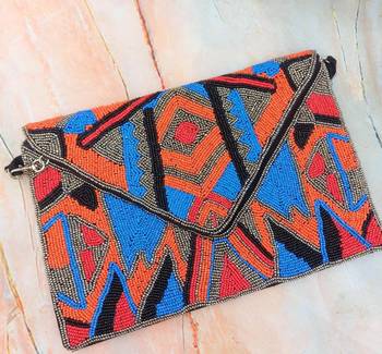BLACK WITH MULTI COLOR WOMEN BEADED HAND CLUTCH CUM SLING BAG 1