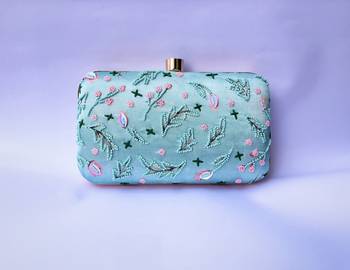 LIGHT SEA GREEN WOMEN SILK SATIN FABRIC EMBROIDED HAND CLUTCH CUM SLING BAG 1