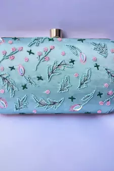 LIGHT SEA GREEN WOMEN SILK SATIN FABRIC EMBROIDED HAND CLUTCH CUM SLING BAG