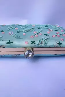 LIGHT SEA GREEN WOMEN SILK SATIN FABRIC EMBROIDED HAND CLUTCH CUM SLING BAG