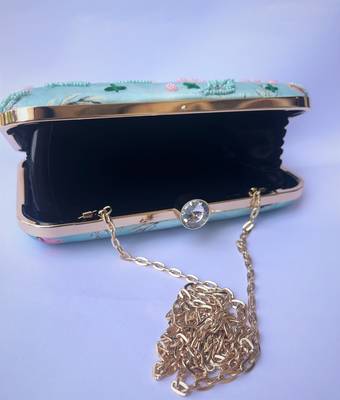 LIGHT SEA GREEN WOMEN SILK SATIN FABRIC EMBROIDED HAND CLUTCH CUM SLING BAG 5