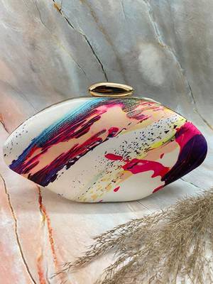 WHITE MULTI COLOR WOMEN SILK SATIN  BOAT SHAPE HAND CLUTCH CUM SLING BAG 1