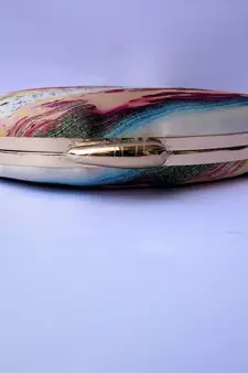 WHITE MULTI COLOR WOMEN SILK SATIN  BOAT SHAPE HAND CLUTCH CUM SLING BAG