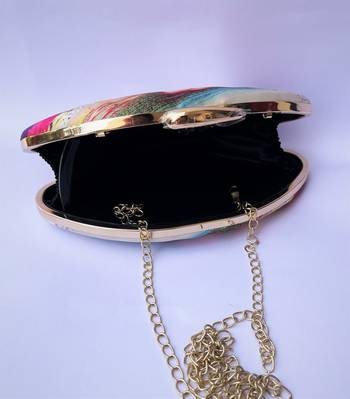WHITE MULTI COLOR WOMEN SILK SATIN  BOAT SHAPE HAND CLUTCH CUM SLING BAG 4