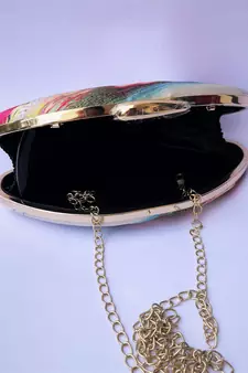 WHITE MULTI COLOR WOMEN SILK SATIN  BOAT SHAPE HAND CLUTCH CUM SLING BAG
