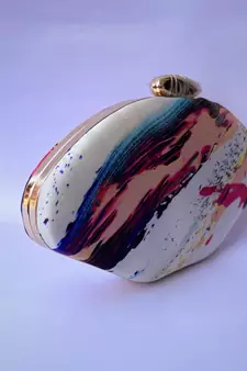 WHITE MULTI COLOR WOMEN SILK SATIN  BOAT SHAPE HAND CLUTCH CUM SLING BAG