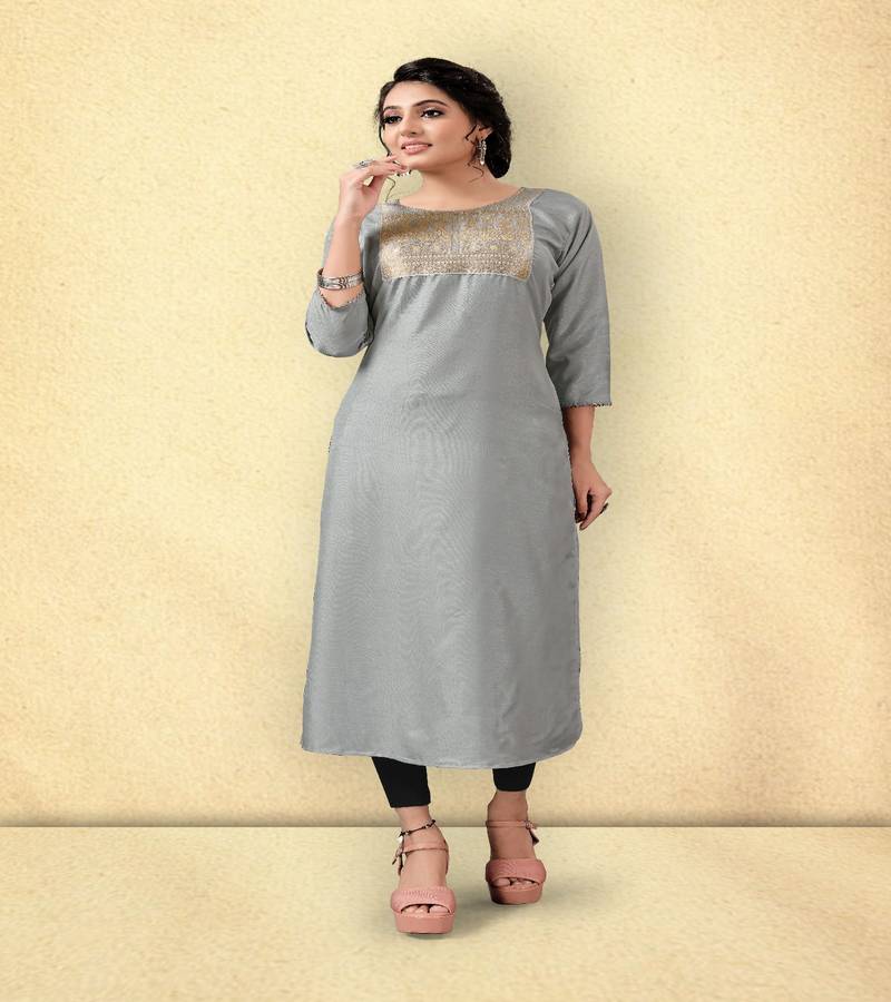 Wevon Designer Patta Grey Colour Kurti In Dola Silk Fabric