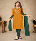 Designer Embroidery Work Mustard Colour Parampara Cotton Fabric Salwaar Kameez