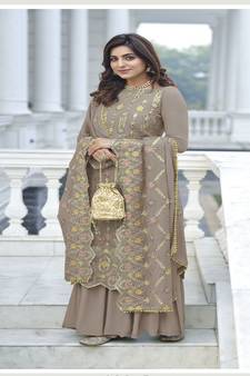 Trendy Designer Multy Thread Embroidery Work Beige Colour Salwaar Kameez