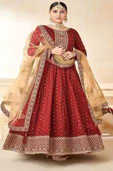 Traditional Woven Butti With Embroidery Maroon Colour Salwaar Kameez