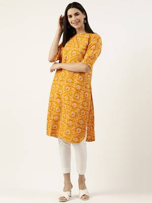 Yellow printed crepe ethnic-kurtis 1
