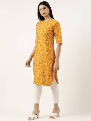 Yellow printed crepe ethnic-kurtis 2
