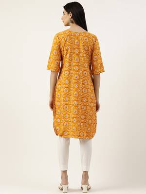 Yellow printed crepe ethnic-kurtis 3