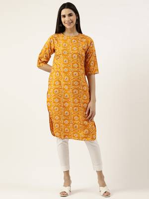 Yellow printed crepe ethnic-kurtis 4