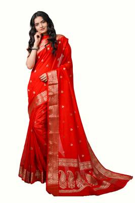 Red Woven Crepe Saree With Blouse 1