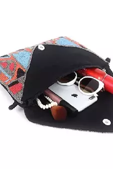 BLACK WITH MULTI COLOR WOMEN BEADED HAND CLUTCH CUM SLING BAG