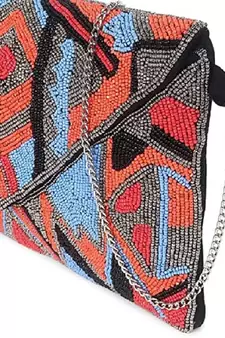 BLACK WITH MULTI COLOR WOMEN BEADED HAND CLUTCH CUM SLING BAG